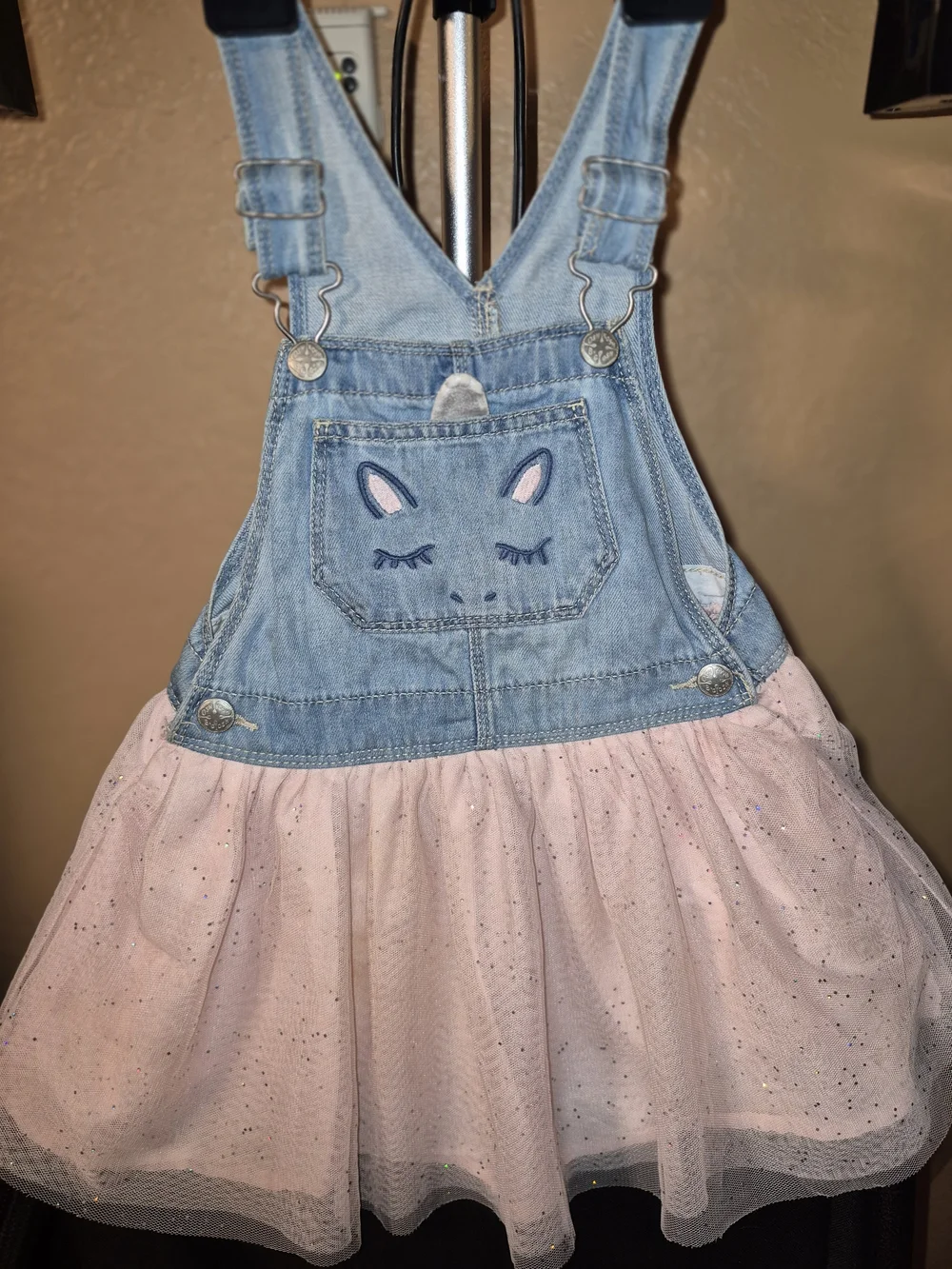Denim Unicorn Pocket Pink Tulle Overall Dress - Kids